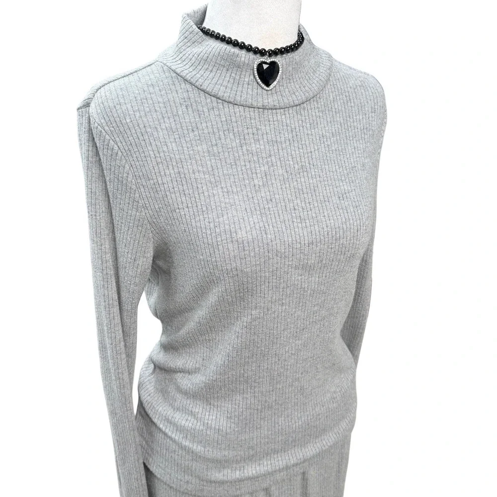 Grey Ribbed Knit 2 Pc Set Mock Neck Top Midi Skirt Medium Minimalist Scandi‎ CBK